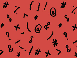 pattern with the image of keyboard symbols. Punctuation marks. Template for applying to the surface. red background. Horizontal image.