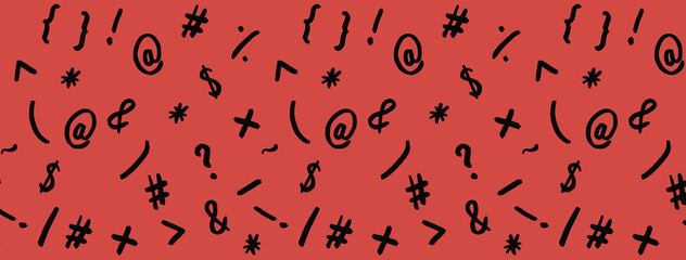 pattern with the image of keyboard symbols. Punctuation marks. Template for applying to the surface. red background. Banner for insertion into site.