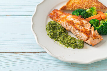 grilled salmon steak with pesto sauce