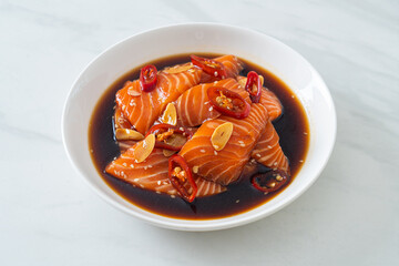 fresh salmon raw pickled in shoyu sauce