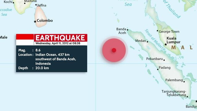 Indian Ocean, Indonesia - April 11, 2012: Animation of Indian Ocean Earthquake. M 8.6 earthquake, Indian Ocean, 437 km southwest of Banda Aceh, Indonesia