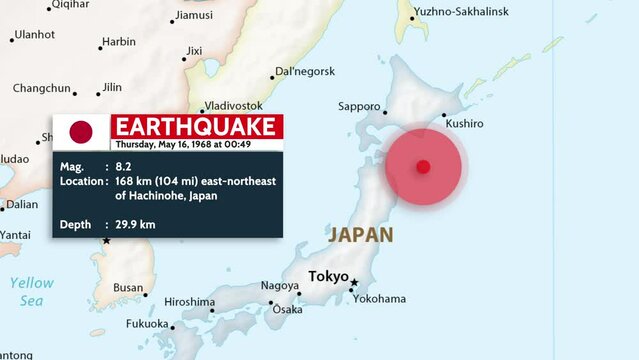 Off the east coast of Honshu, Japan - May 16, 1968: Animation of Japan Earthquake. M 8.2 earthquake, 168 km (104 mi) ENE of Hachinohe, Japan
