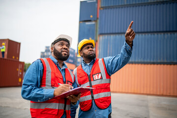 Portrait photo of the moment of two black african male container engineers working and inspecting containers around a shipping yard of a local logistic freight  forwarder company - obrazy, fototapety, plakaty