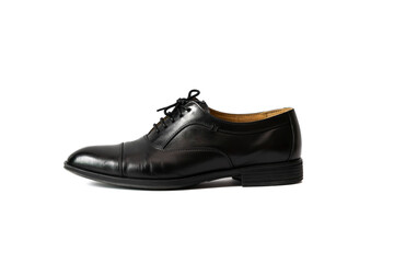 Classic male black lace leather shoe showing its outside side isolated on a white background.	