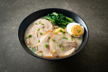 Ramen noodles in pork bone soup with roast pork and egg