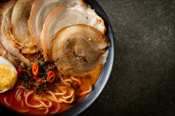 Ramen Noodles Spicy Tomyum Soup with Roast Pork