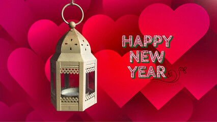Happy new year message on white metal and glass  vintage lantern on red heart background