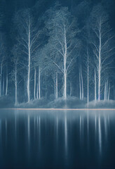 Mystery Foggy Lake. Forest Side. Beautiful Fantasy Landscape.