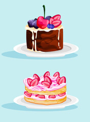 Color images of holiday cakes and cupcakes on white background. Pastry and bakery. Vector illustration set for kids.