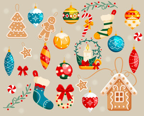 Christmas winter holiday decoration collection - vector color illustration