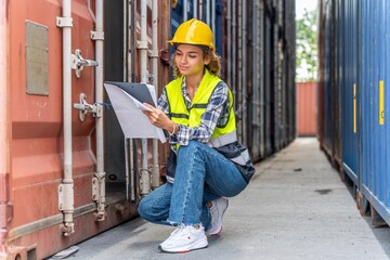 Photo of a young beautiful professional western female brunette engineer inspecting containers in a shipping containers yard to ensure the content and delivery information is correct