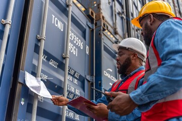 Two black african male professional engineers inspecting a container in a logistic shipping yard ensuring all containers are fixed and following procedure and safety regulation	
