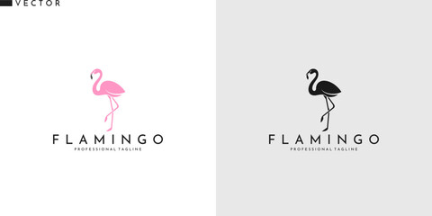 Pink flamingo logo. Beautiful bird - obrazy, fototapety, plakaty