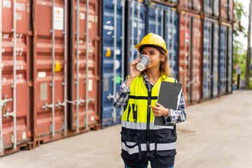 Photo of a young beautiful professional western female brunette engineer holding a coffee cup and document clip board while inspecting containers in a shipping containers yard in the morning