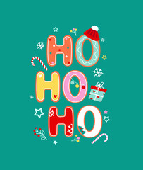 Ho ho ho and merry christmas. Vector illustration of gingerbread christmas on green background