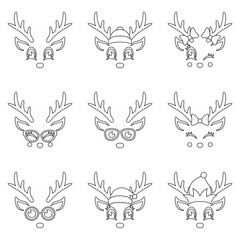 Set of Reindeer Face in line style isolated