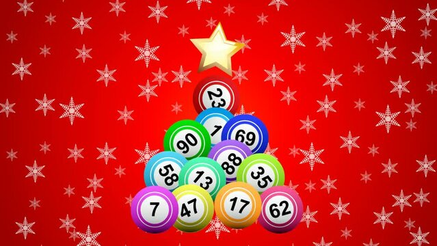 Christmas tree made with bingo numbers on red background. Animated illustration
