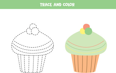 Trace and color cartoon cupcake. Worksheet for children.