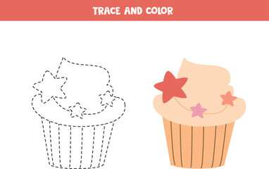 Trace and color cartoon cupcake. Worksheet for children.