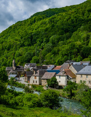Fototapeta na wymiar View on the Lez river and the village of Bordes Uchentein in the French Pyrénées (Ariege)