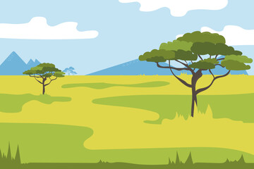 Fototapeta na wymiar African savannah. Grass, acacia trees. Vector landscape. The nature of Africa. Reserves and national parks.