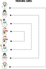 Tracing lines for kids. cute cartoon snowmen.