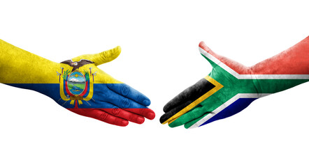 Handshake between South Africa and Ecuador flags painted on hands, isolated transparent image.