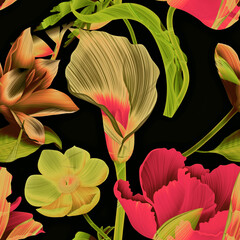 Colourful Seamless Pattern with tropic flowers and leaves. - 545355187