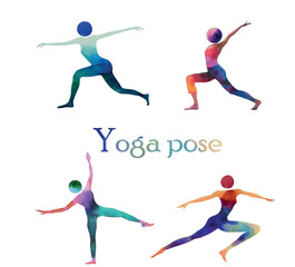Fototapeta premium Watercolor yoga set isolation on white background. Yoga poses, asana, sport, dance. Healthy lifestyle and relaxation. Abstract vector illustration.