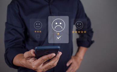 Unhappy Businessman Client with Sadness Emotion Face on smartphone screen. Bad service dislike bad quality. Low rating. Customer Experience dissatisfied Concept.