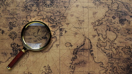 Top view of Magnifying glass placed on a vintage world map Travel ideas and places to visit