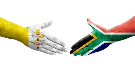 Handshake between South Africa and Holy See flags painted on hands, isolated transparent image.