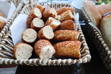 Close up Slices of bread on the basket for breakfast. Turkish bread dish  on the table.