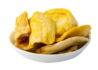 Dried jackfruit chips in a ceramic bowl isolated on a white background.