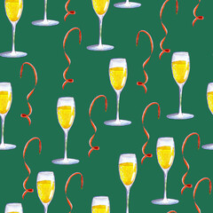 Holidays pattern with champagne and serpentines. Watercolor illustration.