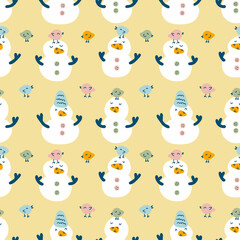 Winter seamless pattern with snowmen and birds. Childish print for tee, paper, fabric, textile. Hand drawn illustration for decor and design.