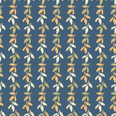 Hippie aesthetic seamless pattern with small plant leaves. Mid century style print for tee, fabric, stationery. Hand drawn illustration for decor and design.