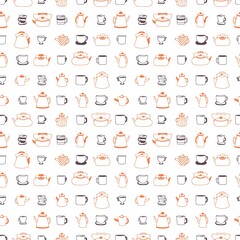 Doodle teapot, cups and mugs simple seamless pattern. Perfect print for kitchen towel, dishcloth, stationery, textile and fabric. Hand drawn retro illustration for decor and design.