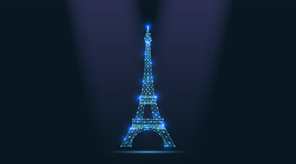 Happy new year. Abstract vector Illustration wireframe telecommunications signal transmitter, france radio antenna eiffel tower from lines and triangles, point connecting network on dark background