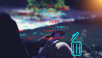 Concept of e-mail and computer viruses. Review the concepts of internet security, spam and e-marketing on screen. Spam email pop-up warnings.