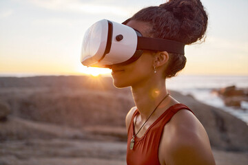 Woman, virtual reality glasses and metaverse while outdoor in nature with ai technology for video game in cyber world for travel. Female with vr goggles for futuristic 3d experience for meditation