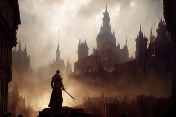 illustration de fantasy d'un chevalier avec une épée devant un château médiéval