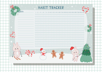 Habit tracker for a month with a Christmas theme with cute rabbits, a snowman and a Christmas tree.Personal organizer with decorative frame. Winter mood.