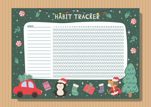 Monthly Habit Tracker With Christmas Theme With Cute Animals And Christmas Tree.Personal Organizer With Decorative Frame. Winter Mood.