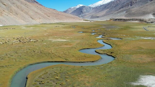 Landscape aerial view of mountains with river and green valley in Himalayas with blue sky in Nubra valley, Jammu and Kashmir, India.