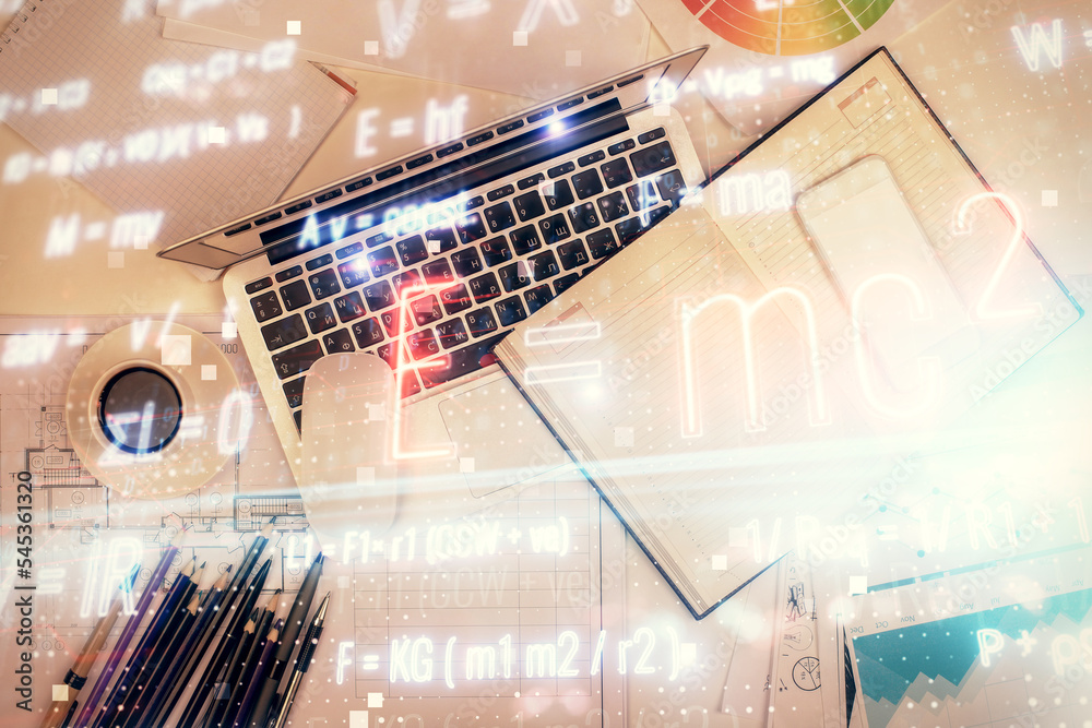 Poster Physics and math theme hologram with formula drawings over computer on the desktop background. Top view. Multi exposure. Concept of education.
