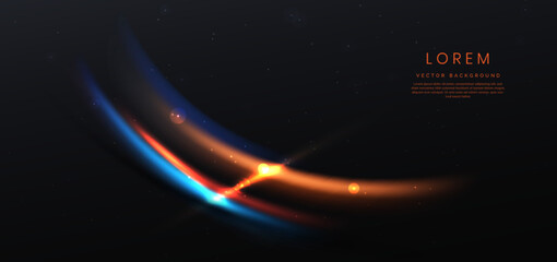 Abstract neon light curved orange and blue on black background.