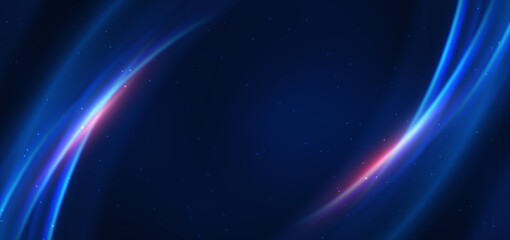 Obraz premium Abstract technology futuristic neon curved glowing blue light lines with speed motion blur effect on dark blue background.