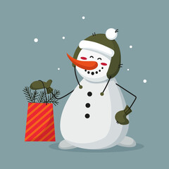 christmas character cute snowman in hat and mittens with gift bag