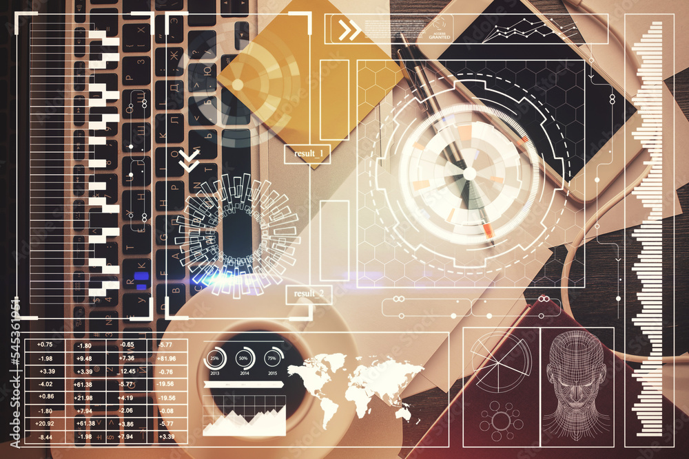 Poster double exposure of data drawing hologram over topview of study desk background with computer. concep